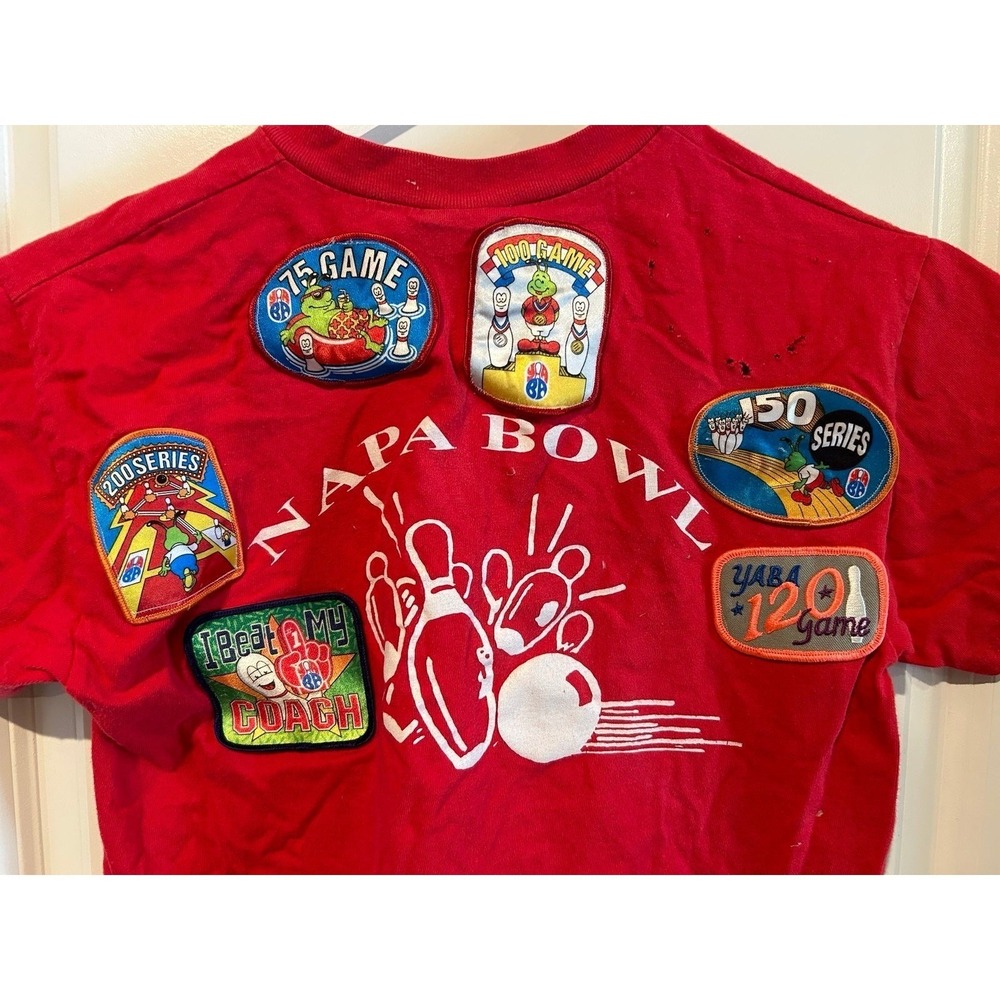Vintage 90's Napa Bowling Patchwork Graphic Red T-Shirt Sz‎ Kids Large